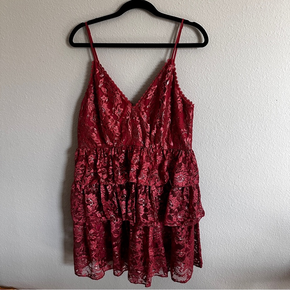 La Maison Talulah Pink Lace Ruffle Tier Mini Dress